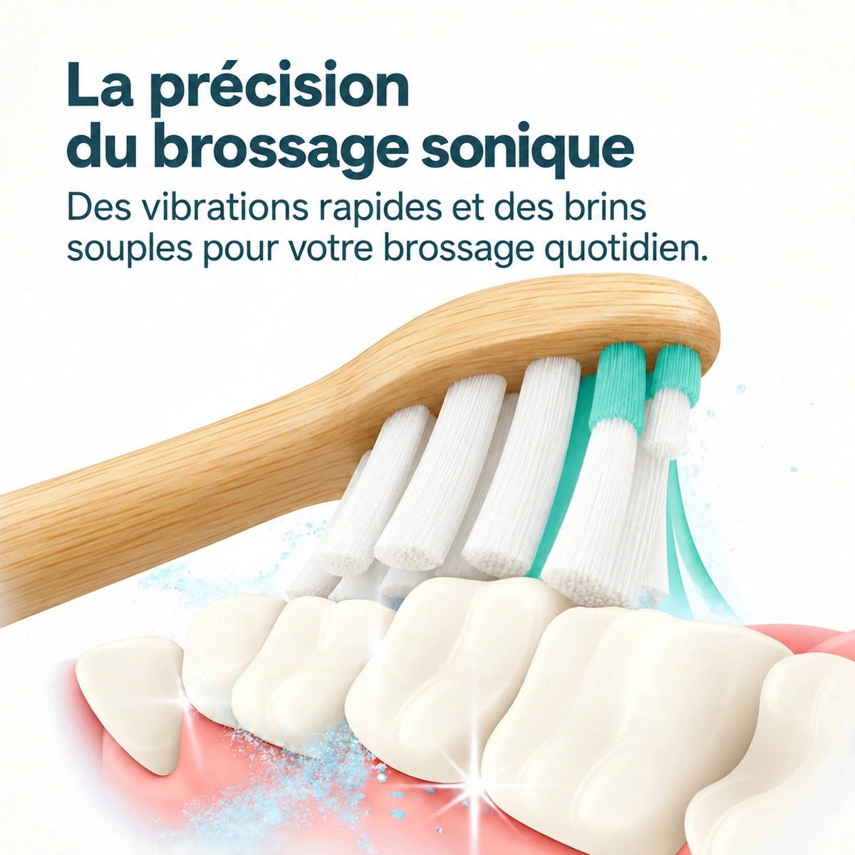Tête en bambou et brins blancs et verts pendant le brossage sonique